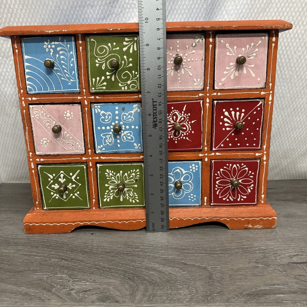 Hand Painted Wooden 12 Drawer Spice Chest Jewelry Box Multi Color Boho Folk Art - Picture 2 of 13